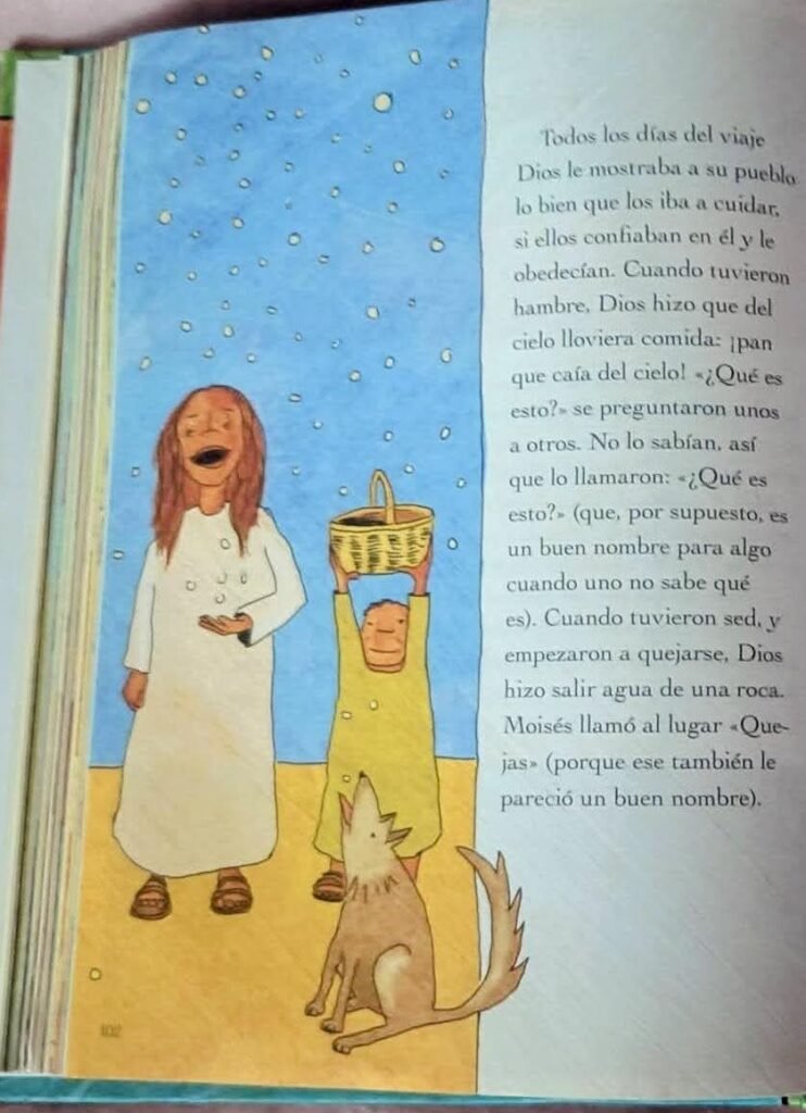 Open page of a children's Bible, showing the illustration of manna falling from the sky alongside the text describing Israel's journey through the desert